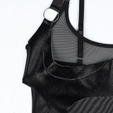 Splicing Perspective Mesh Jacket Hanging Neck Black Two-piece Jumpsuit