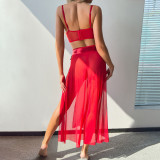 Red High Waisted Slit Perspective Half Skirt Three Piece Set of Erotic Lingerie