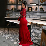 Round Neck Sequin Short Long Sleeved High Slit Velvet Two-piece Set