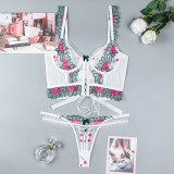 Embroidered Flower Splicing Strap Cross Style Lingerie 2-piece Set