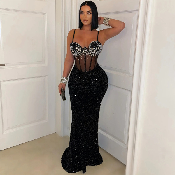 Velvet Sequin Party Dress Rhinestone Suspender Dress