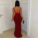 Velvet Sequin Party Dress Rhinestone Suspender Dress
