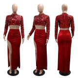 Round Neck Sequin Short Long Sleeved High Slit Velvet Two-piece Set