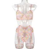 Fun Lingerie Flower Embroidery Shaping Lingerie Four Piece Set