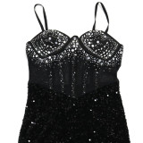 Velvet Sequin Party Dress Rhinestone Suspender Dress