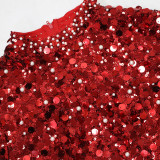 Round Neck Sequin Short Long Sleeved High Slit Velvet Two-piece Set