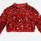 Round Neck Sequin Short Long Sleeved High Slit Velvet Two-piece Set