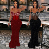 Velvet Sequin Party Dress Rhinestone Suspender Dress