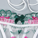 Embroidered Flower Splicing Strap Cross Style Lingerie 2-piece Set