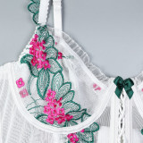Embroidered Flower Splicing Strap Cross Style Lingerie 2-piece Set