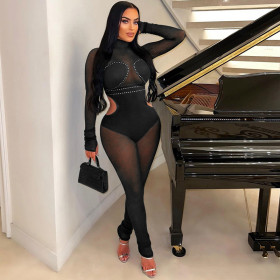 Mesh Splicing Hot Stamping See Through Jumpsuit