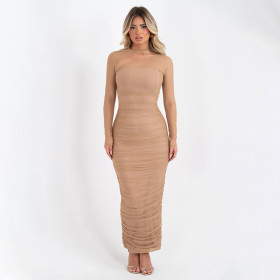 Mesh Round Neck Long Sleeved Backless Strapless Pleated Skirt