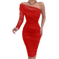 Oblique Shoulder Pleated Strapless Mesh Irregular Dress