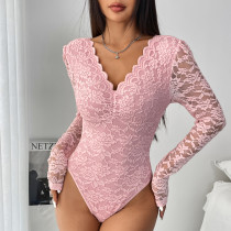 Solid Color Lace Long Sleeve See-through Jumpsuit