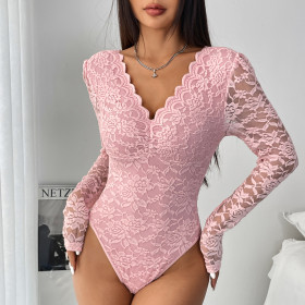 Solid Color Lace Long Sleeve See-through Jumpsuit