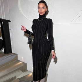 Temperament Hot Diamond Slimming High Collar Long Sleeve Dress