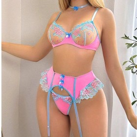 Four Piece Set of Spliced ​​embroidered Flower Underwired Sexy Lingerie