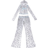 Printed Hooded Cardigan Top Leopard Print High-waisted Skinny Trousers Set