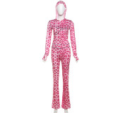 Printed Hooded Cardigan Top Leopard Print High-waisted Skinny Trousers Set