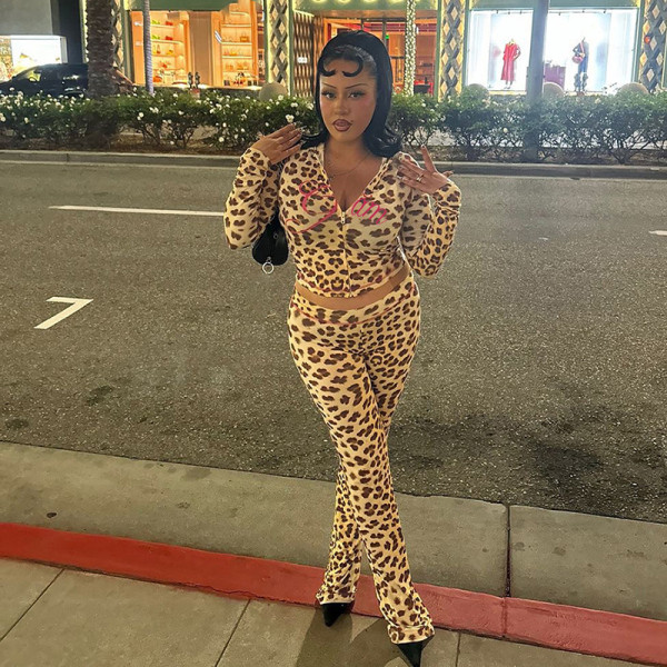 Printed Hooded Cardigan Top Leopard Print High-waisted Skinny Trousers Set
