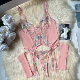 Sexy Lingerie Mesh Embroidery See-through Suit
