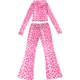 Printed Hooded Cardigan Top Leopard Print High-waisted Skinny Trousers Set