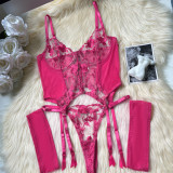 Sexy Lingerie Mesh Embroidery See-through Suit