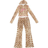 Printed Hooded Cardigan Top Leopard Print High-waisted Skinny Trousers Set
