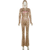 Printed Hooded Cardigan Top Leopard Print High-waisted Skinny Trousers Set