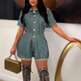 Women Single Breasted Denim Jumpsuit with Pockets