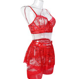 Erotic Lingerie Red Lace See-through Four-piece Set