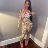 Printed Hooded Cardigan Top Leopard Print High-waisted Skinny Trousers Set