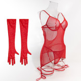 Sequined Underwire Push-up Glove Tying Three-piece Set