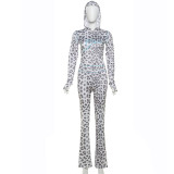 Printed Hooded Cardigan Top Leopard Print High-waisted Skinny Trousers Set