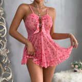 Sexy Net Clothes Printed Suspenders Hollow Suspender Nightdress Perspective Suit