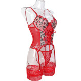 Flower Embroidered Cross Strap Sexy Lingerie Gift Set of Three