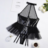Patent Leather Patchwork Halter Neck Lingerie Sexy Garter Belt Mesh Tutu Skirt