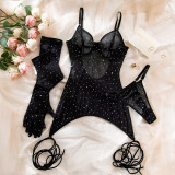 Sequined Underwire Push-up Gloves and Rope Three-piece Set