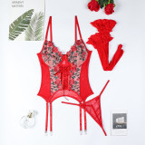 Flower Embroidered Cross Strap Sexy Lingerie Gift Set of Three