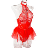 Patent Leather Patchwork Halter Neck Lingerie Sexy Garter Belt Mesh Tutu Skirt