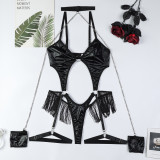 Black PU Leather Metal Chain Halter Jumpsuit