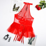 Patent Leather Patchwork Halter Neck Lingerie Sexy Garter Belt Mesh Tutu Skirt
