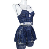 Lace see-through strap cross metal chain sling four-piece set