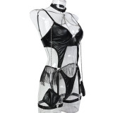 Black PU Leather Metal Chain Halter Jumpsuit