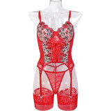 Flower Embroidered Cross Strap Sexy Lingerie Gift Set of Three