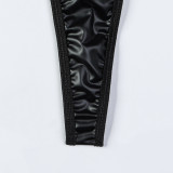 Black PU Leather Metal Chain Halter Jumpsuit