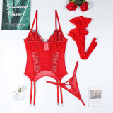 Flower Embroidered Cross Strap Sexy Lingerie Gift Set of Three