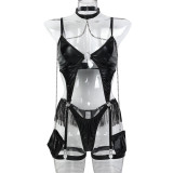Black PU Leather Metal Chain Halter Jumpsuit