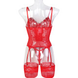 Flower Embroidered Cross Strap Sexy Lingerie Gift Set of Three