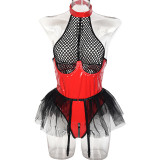 Patent Leather Patchwork Halter Neck Lingerie Sexy Garter Belt Mesh Tutu Skirt
